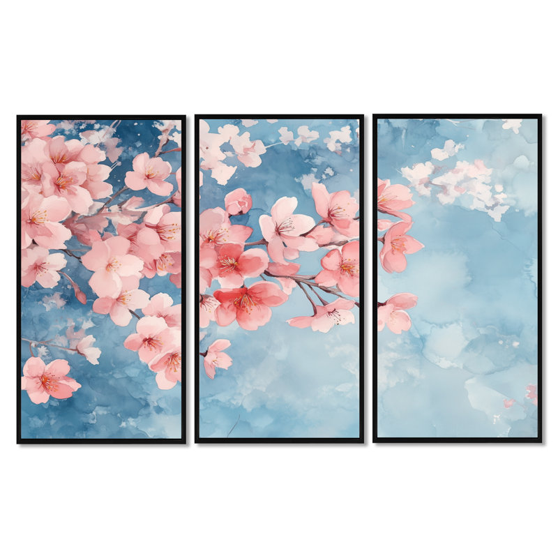Art mural encadré 3 pièces Sakura & Sky Of Cherry Blossoms I, H 40 po x l 60 po, Cadre flottant noir