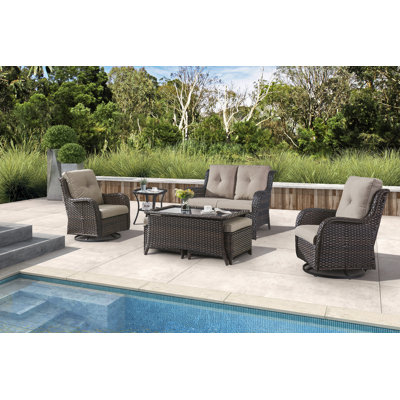 Schutt 7-Piece Outdoor PE Wicker Loveseat Set with Swivel Rockers, Side Table & Tempered Glass Coffee Table - All-Weather Patio Furniture with Ottoman Storage