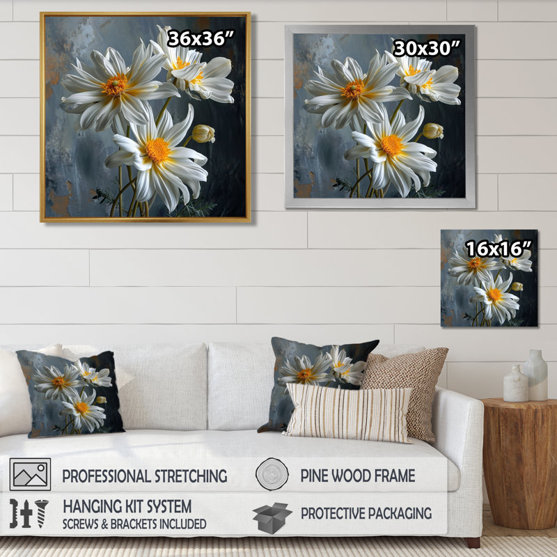 Gros plan d'une fleur de marguerite blanche - Noyau jaune, Toile tendue, H 16 po x l 16 po x P 1 po
