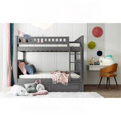 Lit superposé double au-dessus de double avec lit gigogne simple, lit superposé en bois de pin avec garde-corps, gris brossé