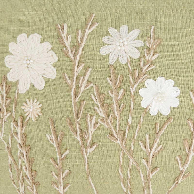 Delicate Embroidered Floral Pillow Cover, Green, Duck Down