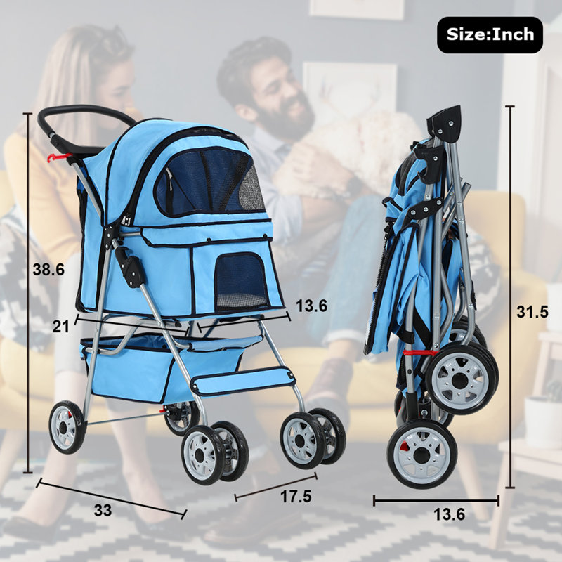 Blue Foldable Pet Jogger Stroller with Mesh Windows
