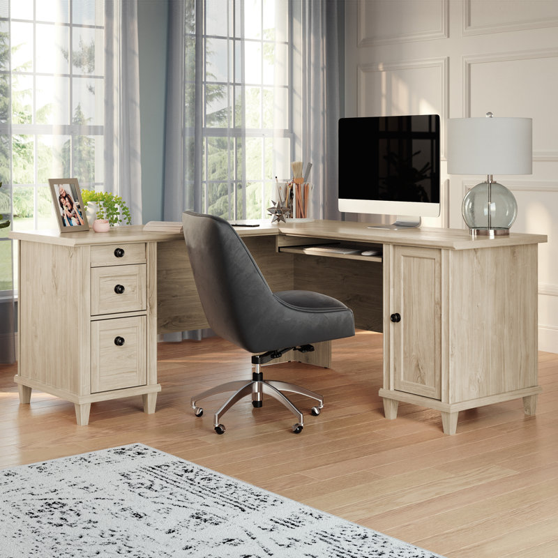 Bureau en L avec rehausse Belmeade, Chêne craie