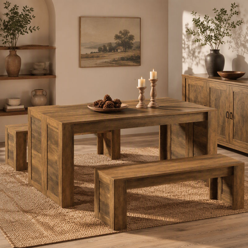 Ensemble de table de salle à manger 55 ", table de cuisine en bois pour 4 à 6 personnes avec 2 bancs, Brun rustique