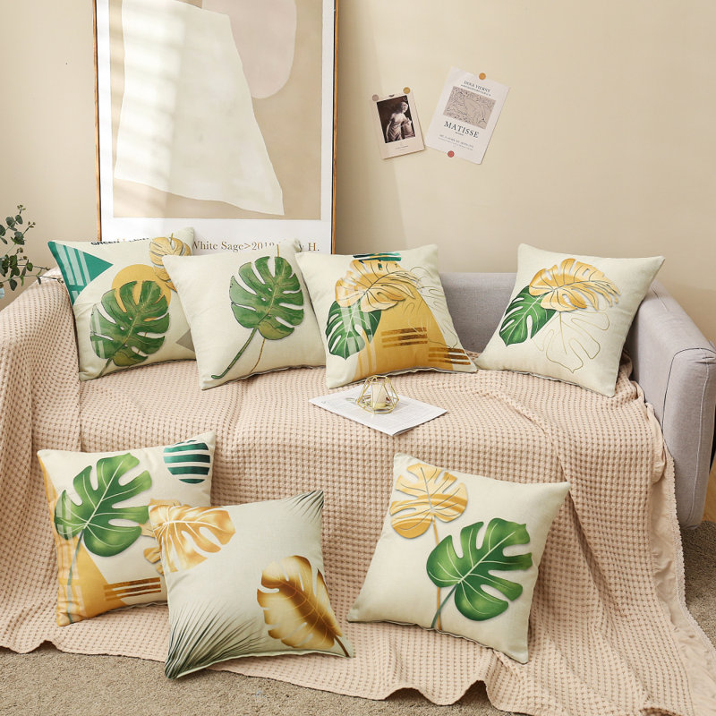 Tropical Monstera Leaf Decorative Throw Pillow FULL Set of 4 with INSERTs – Green and Yellow Botanical Print Cushion  for Sofa, Bed & Living Room size 18"x18"