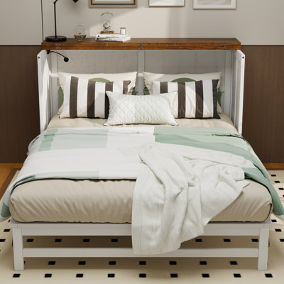 Grand lit escamotable avec tiroir de rangement et station de charge Murphy, port USB, cadre de lit escamotable en pin massif pour bureau à domicile, studio ou chambre d'amis, noyer blanc