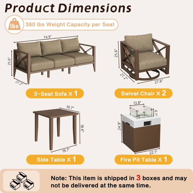 5 - Person Outdoor Aluminum Conversation Set with Swivel Chairs & Firepit, Chestnut Brown Cushion/Brown Frame