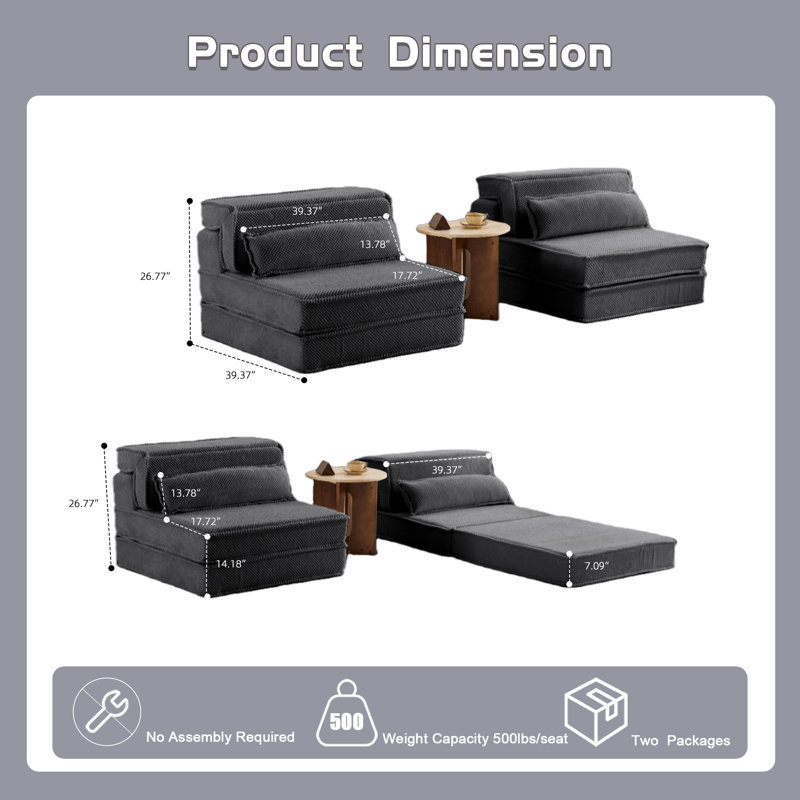 Canapé à compression Mahjong, canapé-lit convertible au sol, canapé modulaire modulaire désossé DIY, aucun assemblage requis, tissu polaire circulaire, surdimensionné 2 places avec 2 coussins, gris foncé