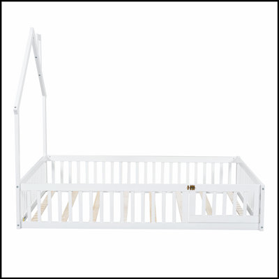 Wood House Platform Bed with Guardrail, Rustic Design for Cozy and Secure Sleep, Perfect for Country-Style Bedrooms.