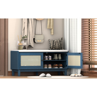 Banc de hall d'entrée avec coussin amovible, 4 zones divisées, 3 niveaux de hauteur, pied stable, pour un usage domestique, banc de rangement rembourré bleu marine antique et beige, portes doubles, intérieur élégant, compartiments, salon