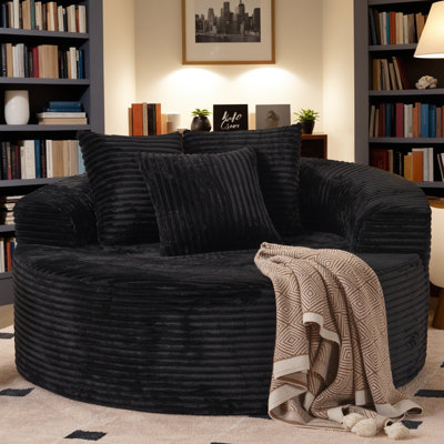 Seren 58" Oversized Round Chair Lounge Chaise, No Assembly Required, Fluffy Modern Sleeper Sofa Bed, Plush Faux Fur & Corduroy Single Sofa For Living by Mercer41