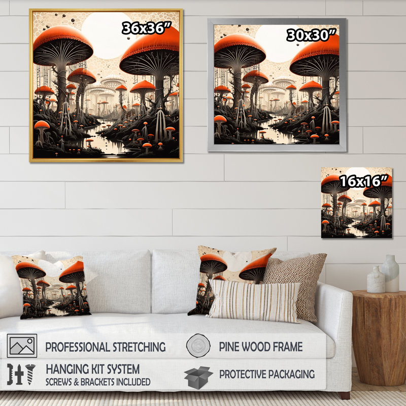 «Enchanted Magic Mushroom Forest Retro Art I», reproduction sur toile, Cadre simple noir, H 24 po x l 24 po x P 1 po