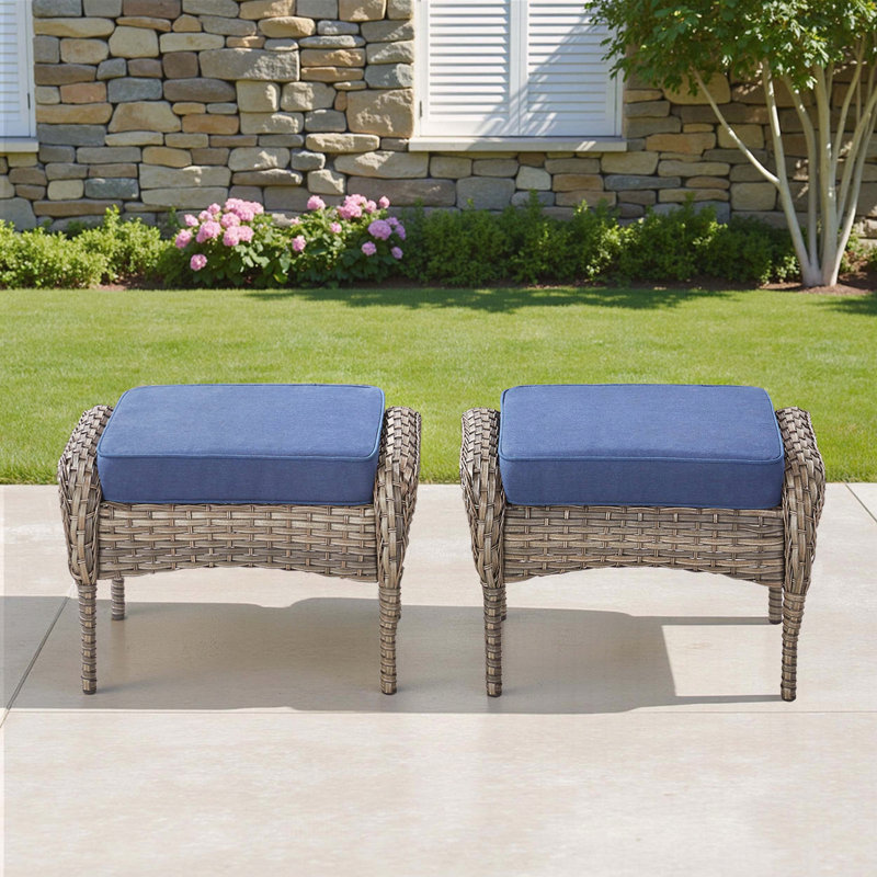 Ensemble de 2 repose-pieds d'extérieur en osier avec coussins moelleux, Coussin bleu / cadre brun clair