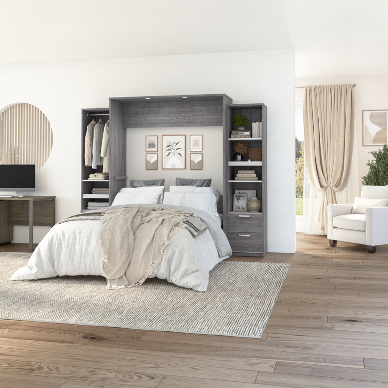 Osterman Murphy Bed and 2 Narrow Closet Organizers with Drawers, Queen, Bark Gray/White