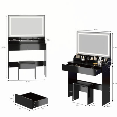Extra Large LED Mirror Vanity Table with Adjustable Brightness and Cushioned Stool