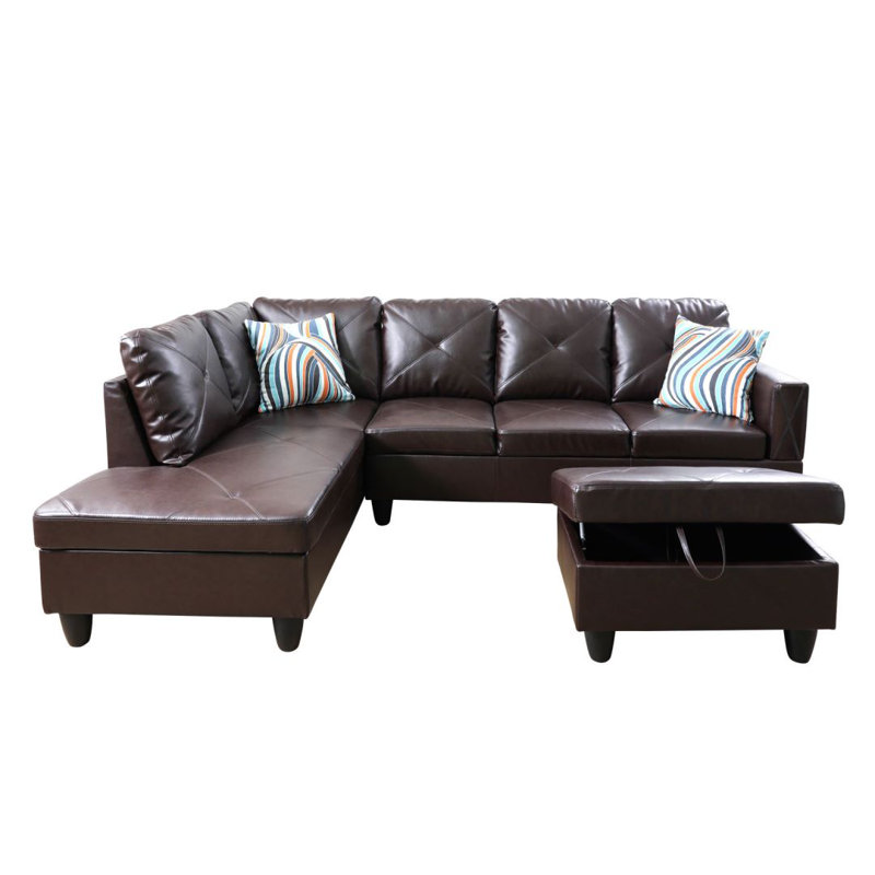 Halid Wide Sofa & Chaise with Ottoman, Left Hand Facing, Faux Leather Brown
