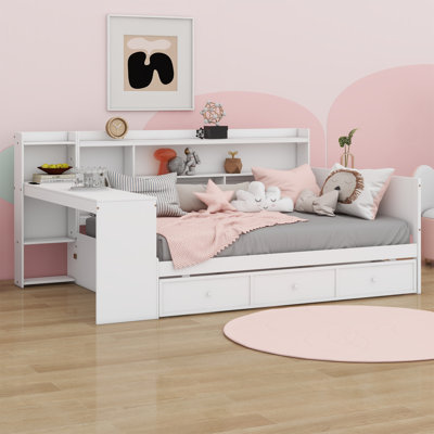  Lit de jour en bois avec 3 tiroirs, ports USB et bureau Doralia