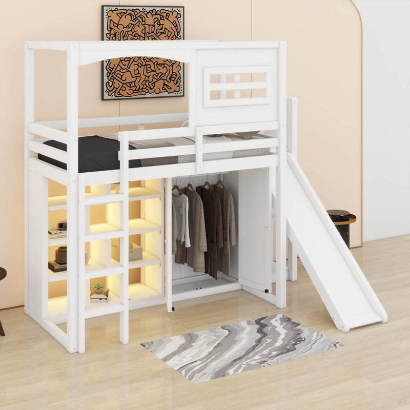 Twin Size Loft Bed With Wardrobe, Storage Shelves, Slide And LED