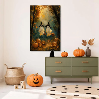 Affiche d'art mural encadrée 1pc, impression de citrouille fantôme d'automne, affiche d'Halloween fantôme mignonne, impression sur toile pour salon chambre bureau salle de bain dortoir, prêt à accrocher