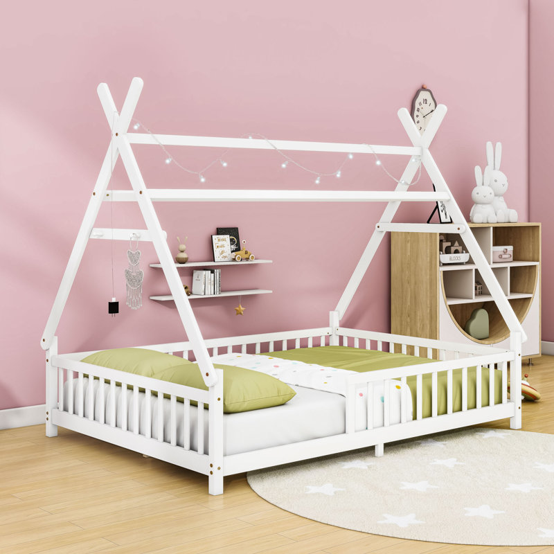 House Bed With LED Light,  Guardrails And Removable Roof, Full, White