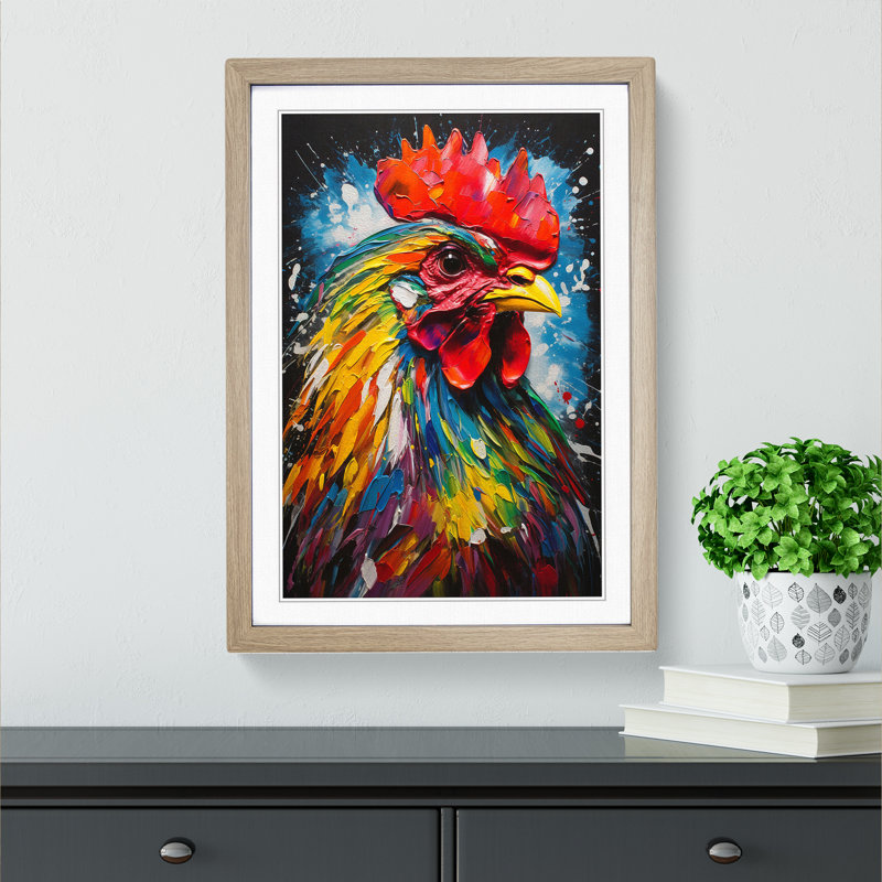 Rooster Action Painting No.2 - Single Picture Frame Print on Wood, Oak, 64cm H x 46cm W x 2cm D