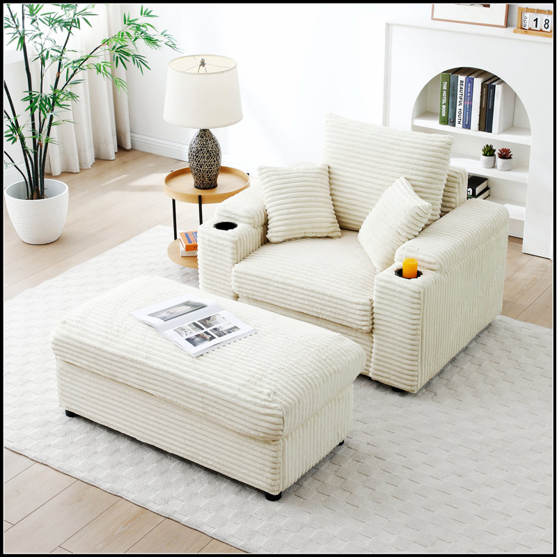 Fauteuil d'appoint surdimensionné avec repose-pieds, accoudoirs très larges et tissu velours côtelé pour un confort et un style ultimes