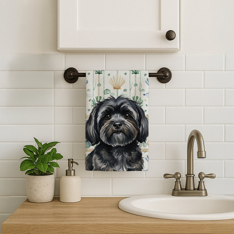Serviette de cuisine blanche en verre de mer à épagneul tibétain blanc, Noir Lhassa Apso