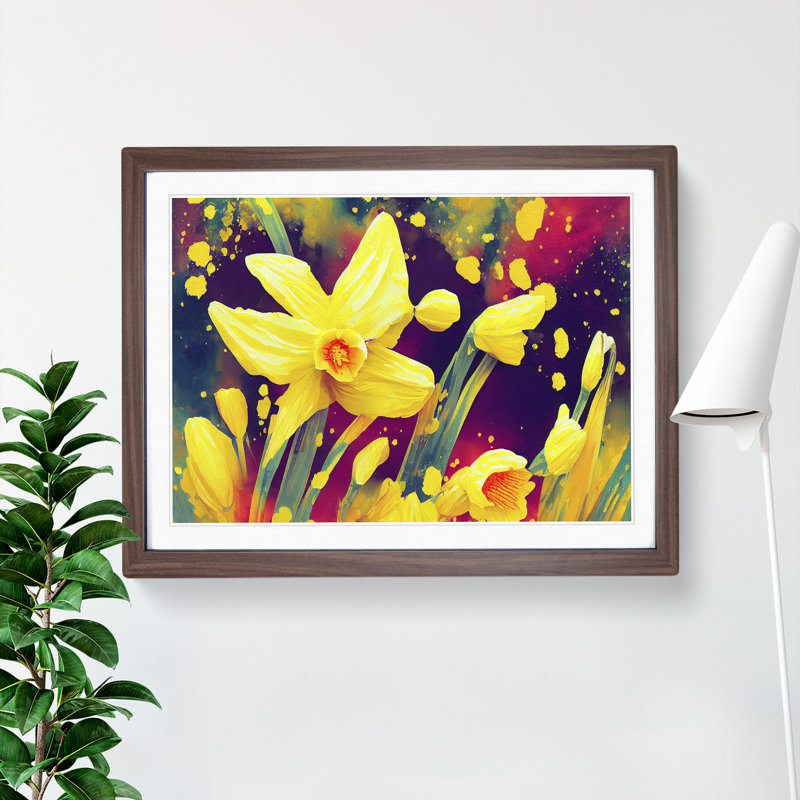 Daffodil Flower Splash - Single Picture Frame Print, 34cm H x 46cm W x 2cm D, Walnut