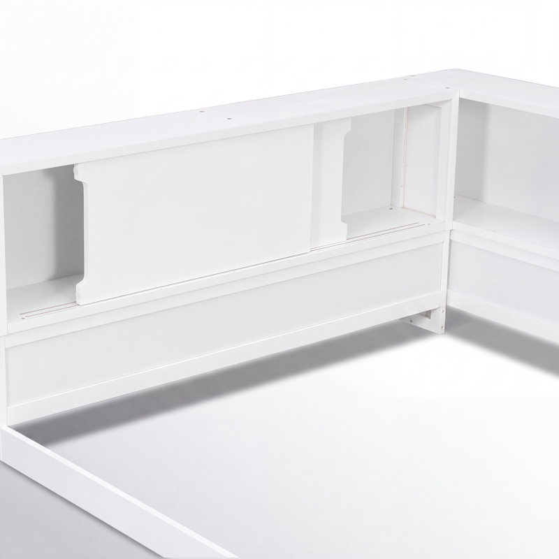 Lit de jour blanc Queen, lit plateforme moderne en bois avec étagères de rangement ouvertes, bande lumineuse DEL d'ambiance et station de chargement USB, sommier non requis