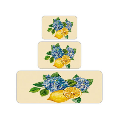 Blue Hydrangea Lemon Set Of 3 Kitchen Floor Mat For Kitchen, Dining Room, Yellow Green Blue