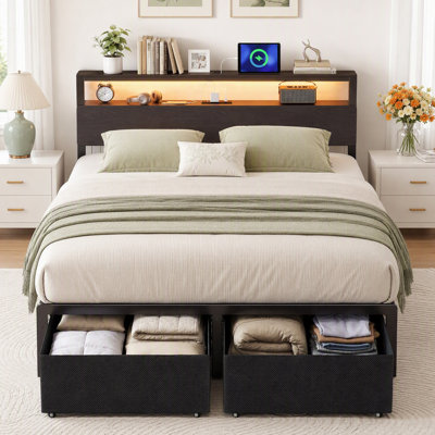 Full Bed Frames with Charging Station, LED Lights, Upholstered Headboard , Metal Platform Bed Frame with Slats, Noise-Free, Black