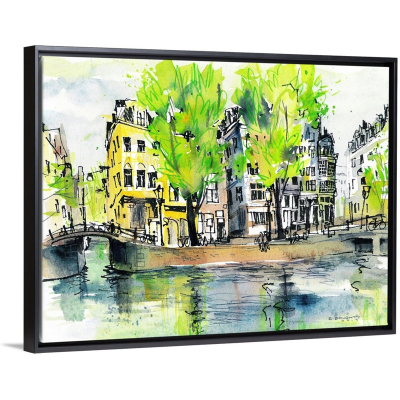 Reproduction d’art sur toile, "Amsterdam-Sinël canal" par Eleanor Doughty, H 32 po x l 42 po x P 1,75 po, Cadre noir