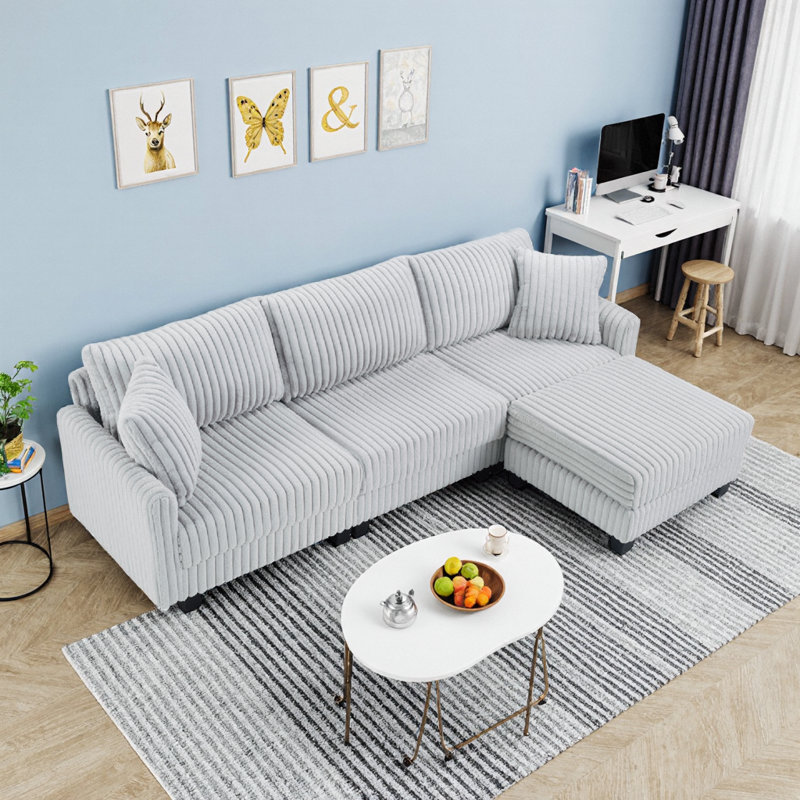 Grey L-Shaped Convertible Corduroy Sofa with Charging Ports, 100" Modular 3-Seater Floating Design
