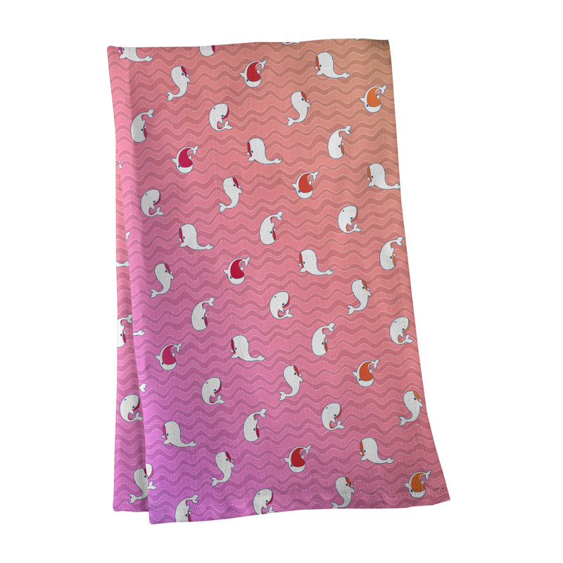 Serviette de thé à motif baleines, Polyester sergé, Mauve / Blanc