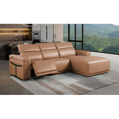 Canapé modulaire cognac en cuir italien de qualité supérieure 3 pièces Cognac avec 1 fauteuil inclinable électrique et appuis-tête réglables