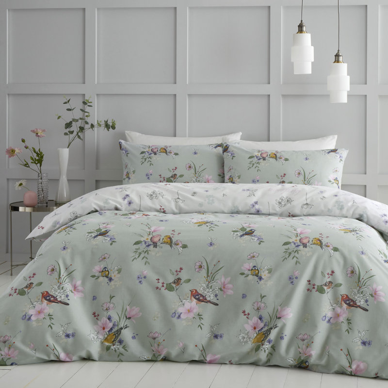 Songbird Floral Reversible Duvet Cover Set with Pillowcases, King Duvet Cover + 2 Standard Pillowcases, Sage