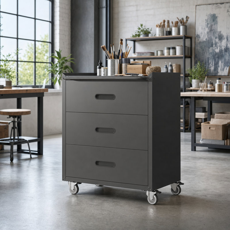 Armoire de rangement robuste en métal à 3 tiroirs de 34,65 po avec roulettes, organisateur de garage et d'atelier roulant avec plan de travail surélevé, roulettes verrouillables, tiroirs à glissement lisse, noir / gris