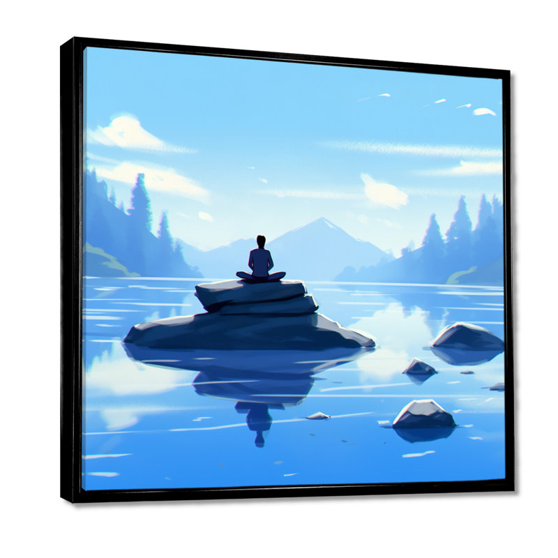 Bouddha, moine, méditation, zen bleu, Toile avec cadre flottant noir, H 16 po x l 16 po x P 1 po