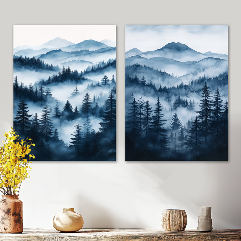 Paysage forestier au crépuscule bleu II - Montagnes - Impression d'art mural en 2 parties, 32" H x 48" W, Wrapped Canvas