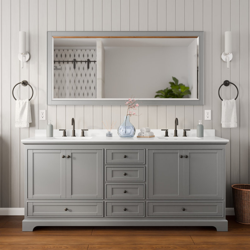 Ensemble de meuble-lavabo double 80 po Deborah en gris foncé, comptoir en marbre de culture blanc, lavabos carrés encastrés (3 trous), garniture noir mat, miroir de 70 po