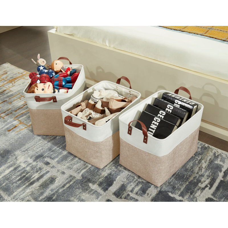 Foldable Storage Bin | Collapsible Sturdy Fabric Storage Basket Container W/Handles, Beige