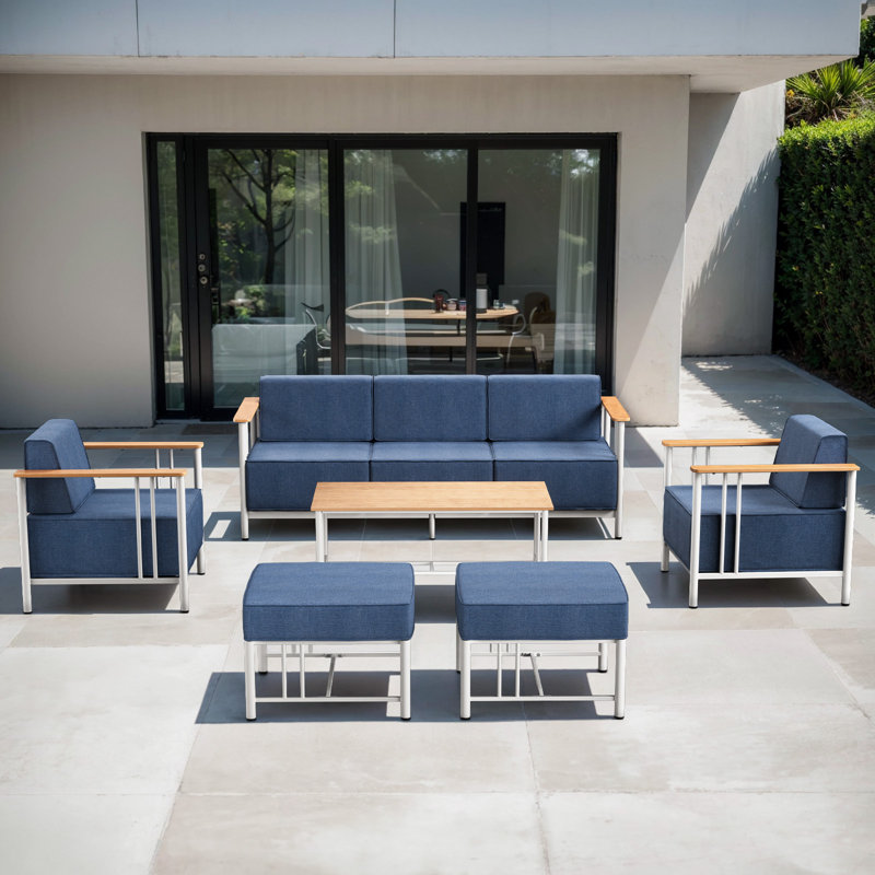 Ensemble de conversation pour canapé d'extérieur moderne en métal 6 pièces avec table basse Coan, Coussin bleu / cadre blanc
