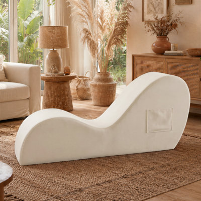 61" Upholstered Yoga Chaise Lounge with Storage Pocket, Ivory Beige