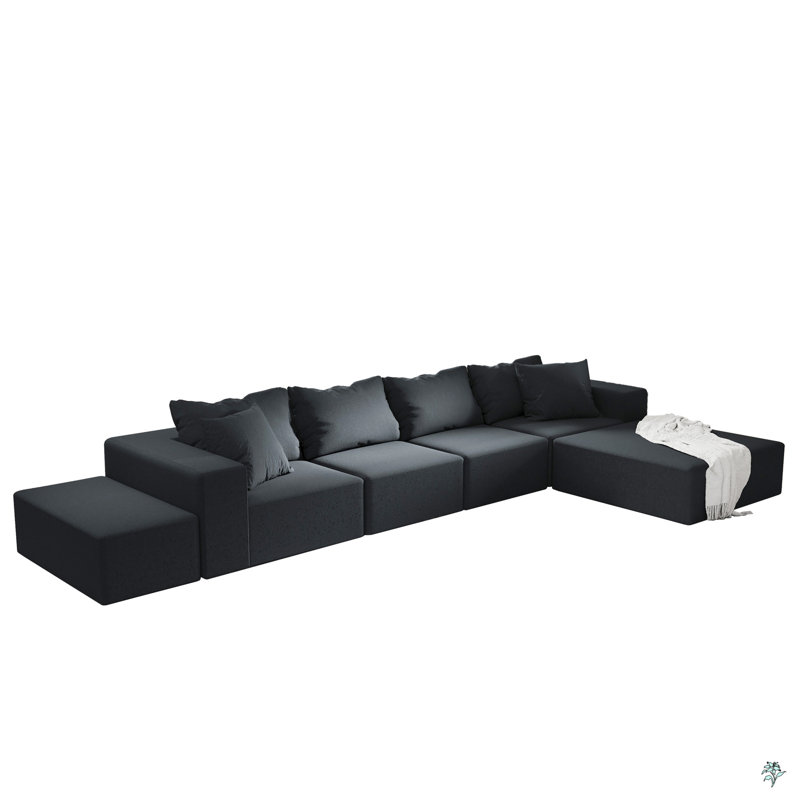 Ensemble de canapé modulaire rembourré moderne en L de 132 po avec 6 coussins, Chenille noir