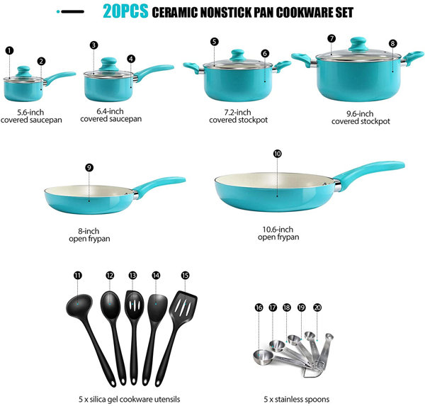 20Pcs Non Stick Cookware Set Cooking Pots Frying Pan Set Utensils Set Glass  Lids