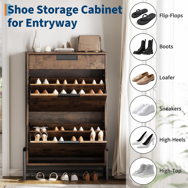 Shoe Storage Cabinet with 2 Flip Drawers and 1 Drawer, Vintage Farmhouse Narrow Shoe Organizer with Legs, Freestanding Hidden Entryway Organizer with Open Shelf for Hallway, Living Room