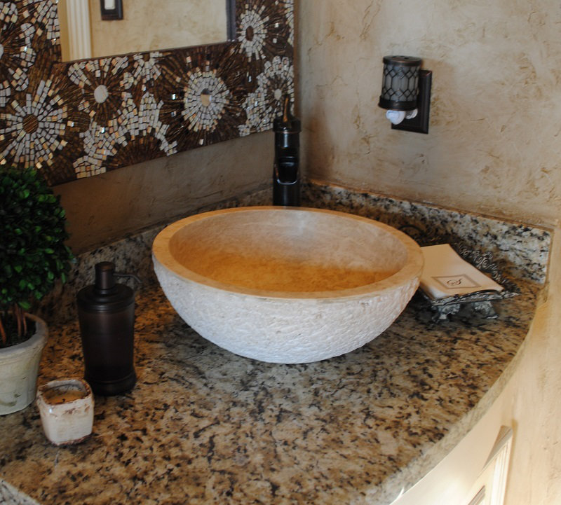 TashMart 16'' Travertine Circular Bathroom Sink, Light