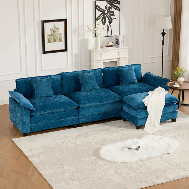 Canapé modulaire en forme de L Grid, canapé surdimensionné avec repose-pieds Cloud, Chenille bleu