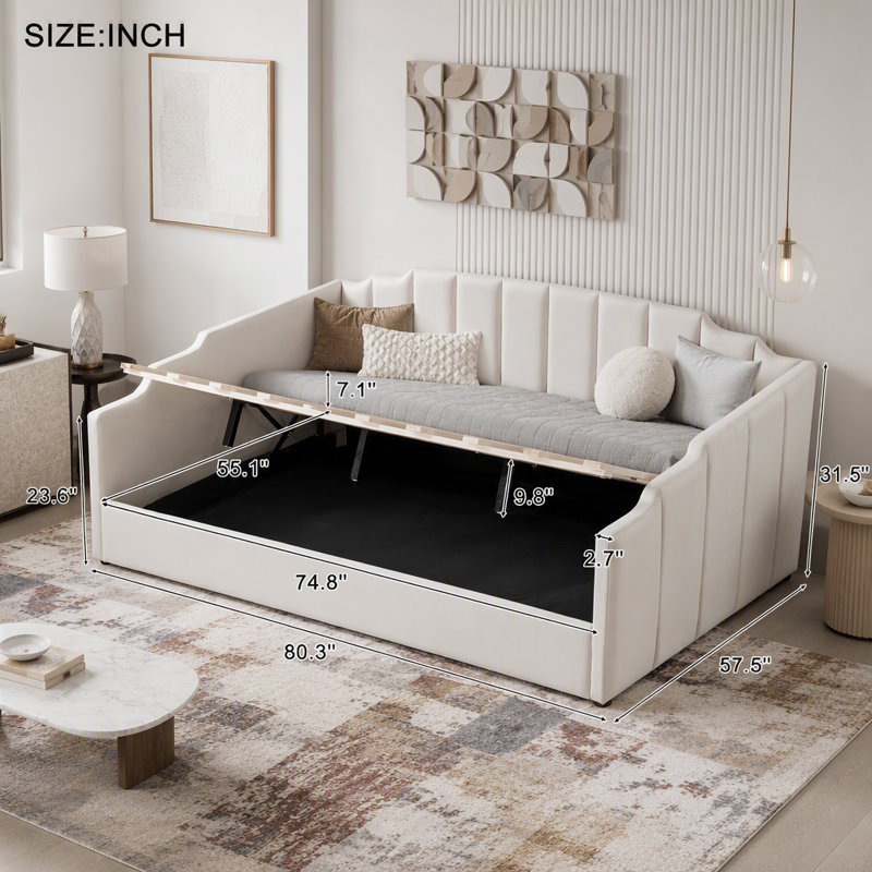 Lit de jour double rembourré avec rangement inférieur, gris, Grey