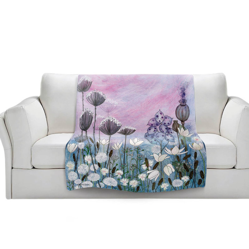 Couverture en sherpa blanc avec fleurs blanches à l'aube, l 51 po x L 60 po